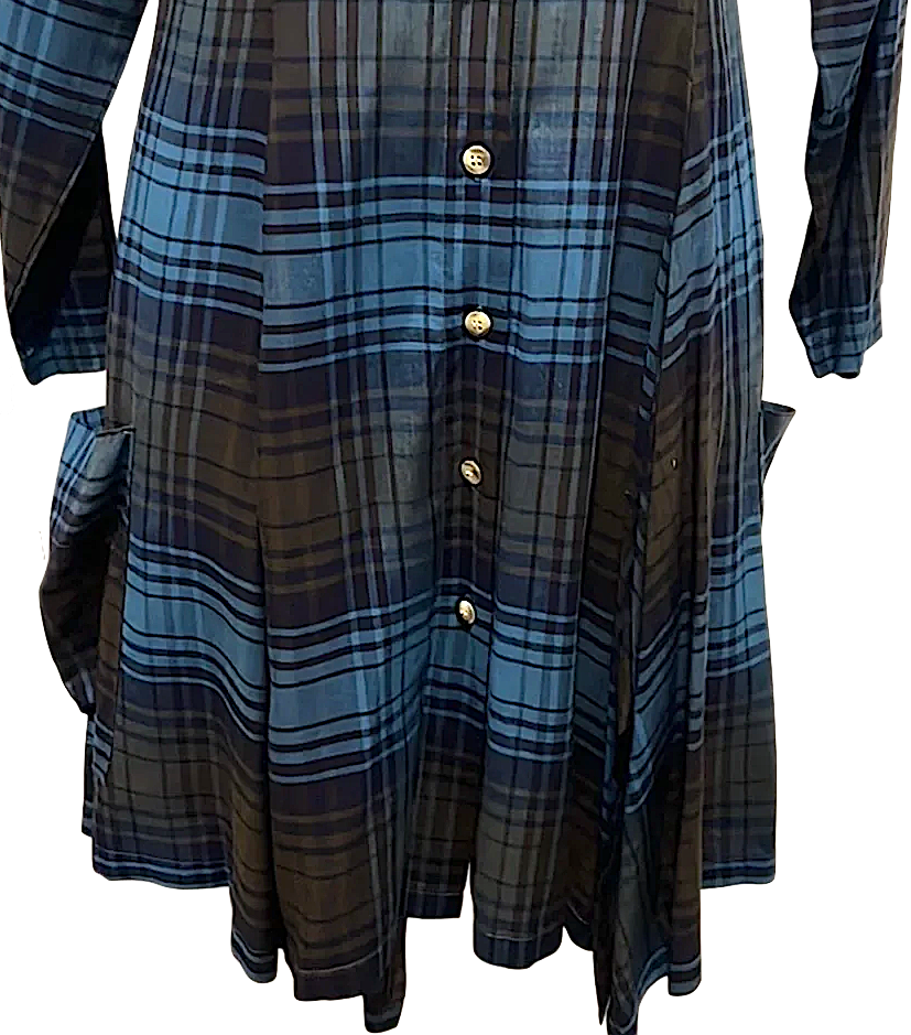 Marithe + Francois Girbaud Paris. Black/ Blue Rayon Plaid Long Sleeve  Button Down Dress