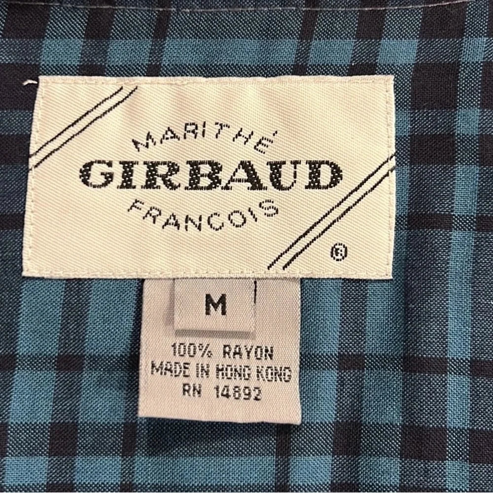 Marithe + Francois Girbaud Paris. Black/ Blue Rayon Plaid Long Sleeve  Button Down Dress