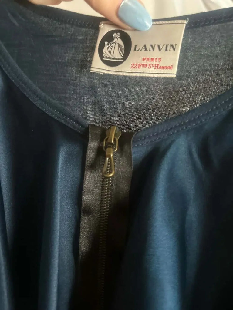 Lanvin Paris. Blue Silk Satin Ruffle Front Zip Sleeveless Top