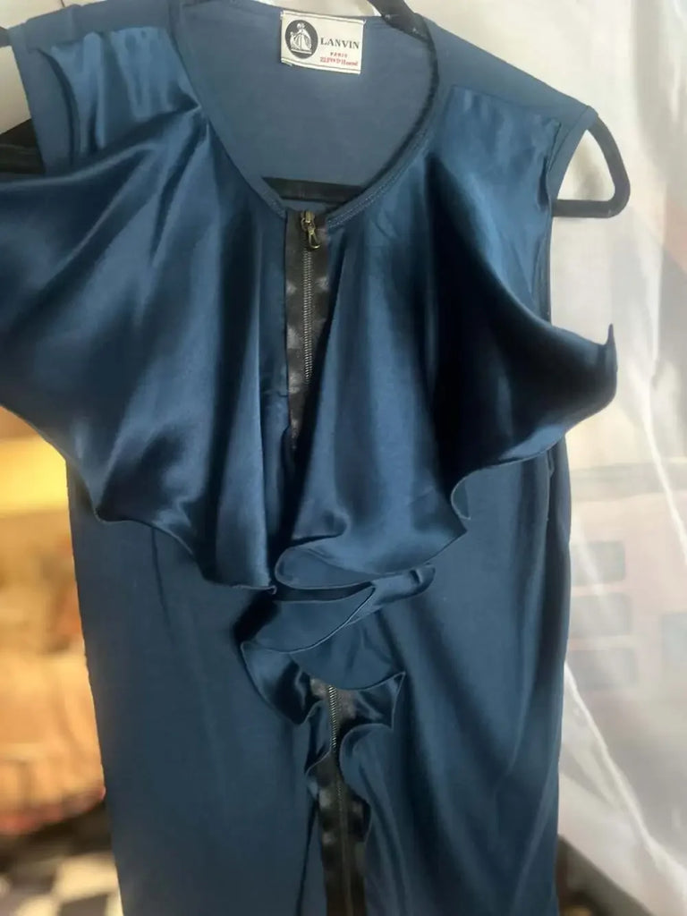 Lanvin Paris. Blue Silk Satin Ruffle Front Zip Sleeveless Top