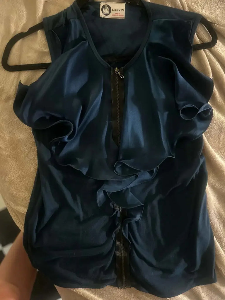 Lanvin Paris. Blue Silk Satin Ruffle Front Zip Sleeveless Top