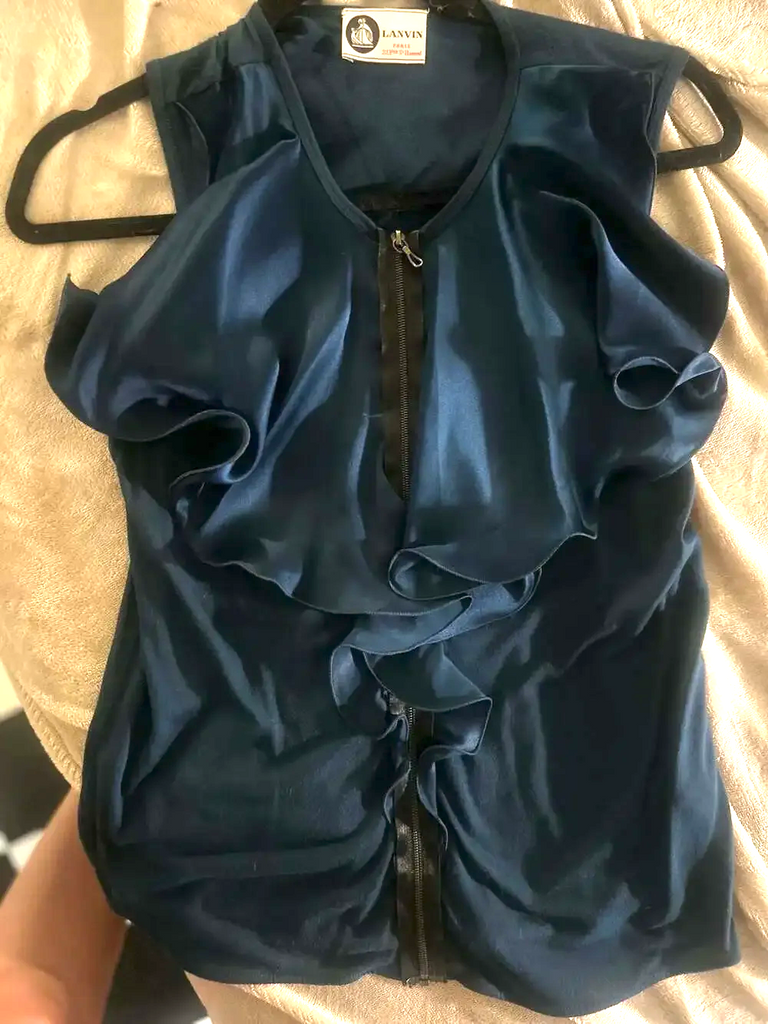 Lanvin Paris. Blue Silk Satin Ruffle Front Zip Sleeveless Top