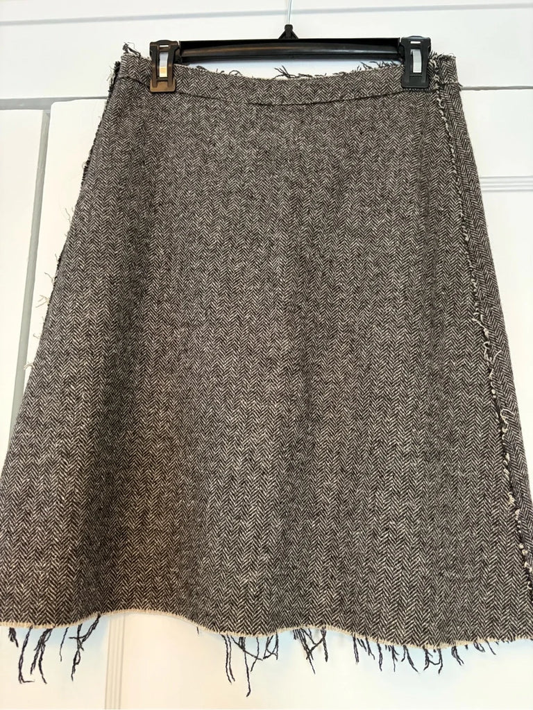 Lanvin PARIS. Gray Frayed Hem Intentional Deconstruction Herringbone A-Line Skirt