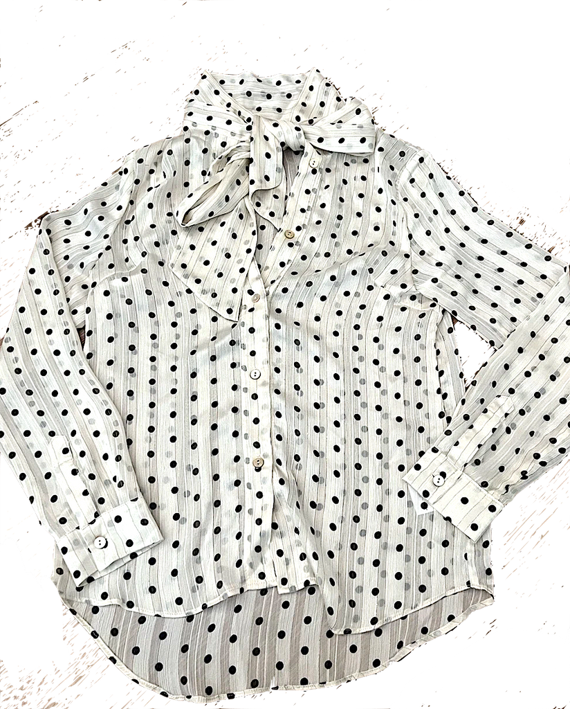 Acne Studios Stockholm. Vintage Polka Dot Chiffon Tie-Neck Button Front Long Sleeve Blouse
