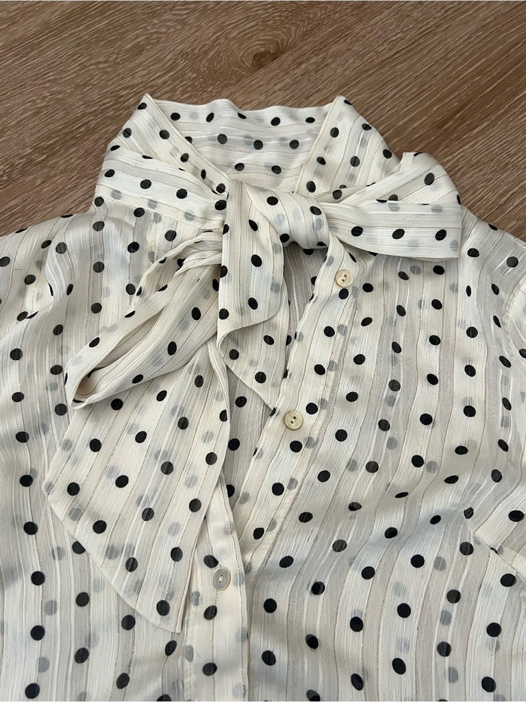 Acne Studios Stockholm. Vintage Polka Dot Chiffon Tie-Neck Button Front Long Sleeve Blouse