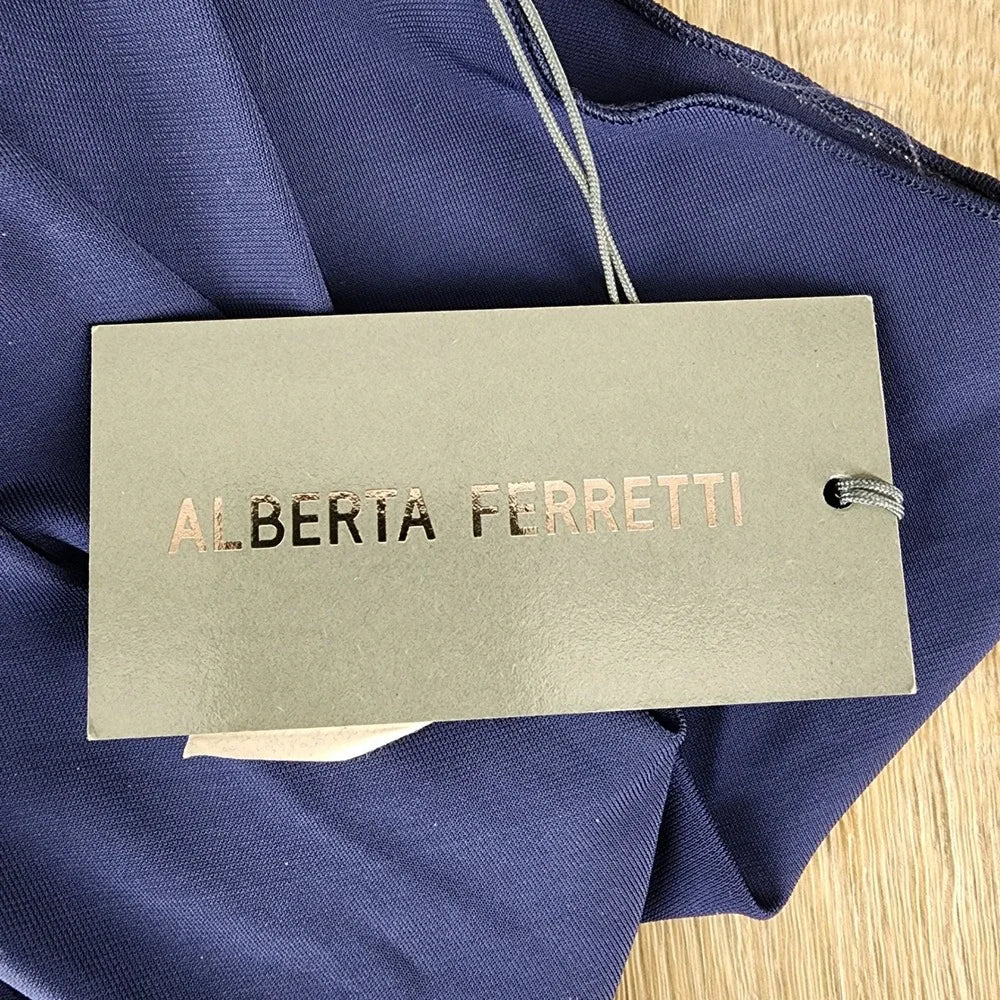 Alberta Ferretti Italy. NEW WITH TAGS. luxury midi dress in a deep navy blue rayon blend