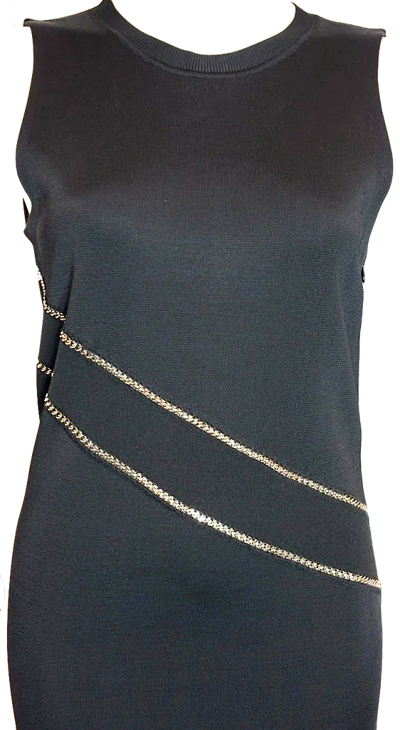 Nina Ricci PARIS. Black Wool Blend Knit Gold Chain Accent Sleeveless Maxi Dress