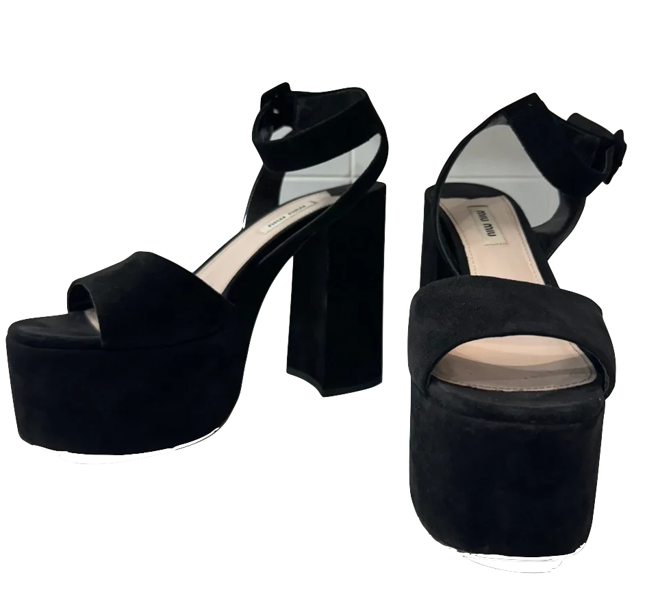 Miu Miu Italy Black Suede Leather Platform Shoes w/Ankle Strap  size 40.5  usa 9-9.5