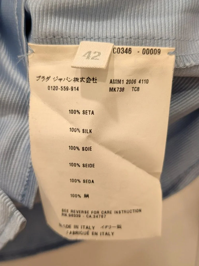 Miu Miu Italy. Light Blue Silk Faille Button Down Shirt Blue w/Black Contrast Collar
