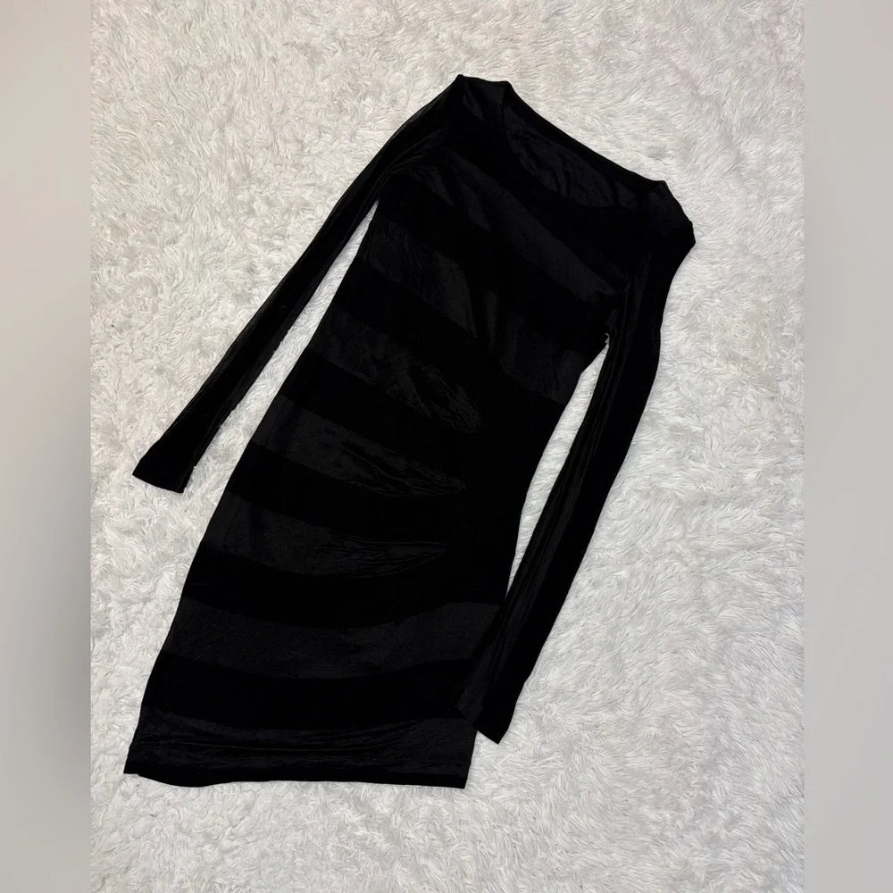 Maison Margiela Paris. Black Mesh Striped Midi Asymmetric Dress