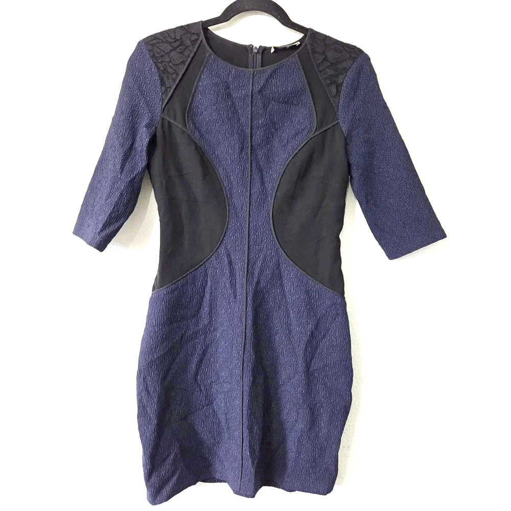 Nina Ricci Paris. Blue/Black Textured Colorblock Silk Sheath Dress