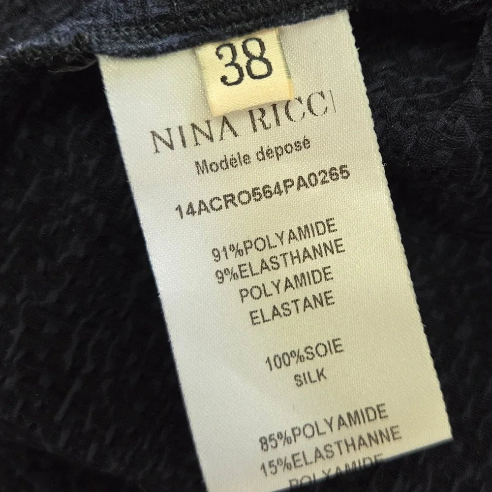 Nina Ricci Paris. Blue/Black Textured Colorblock Silk Sheath Dress