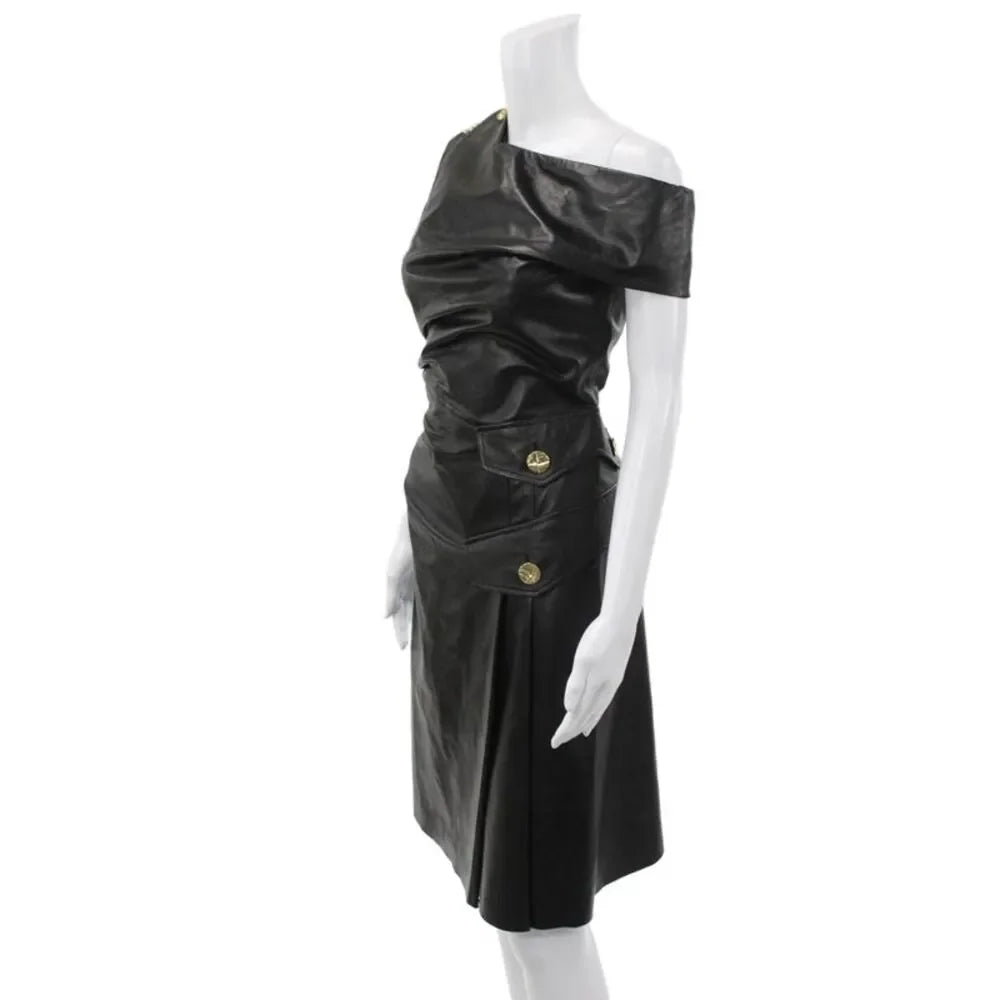 Proenza Schouler NY. Black Lambskin Leather One Shoulder Dress
