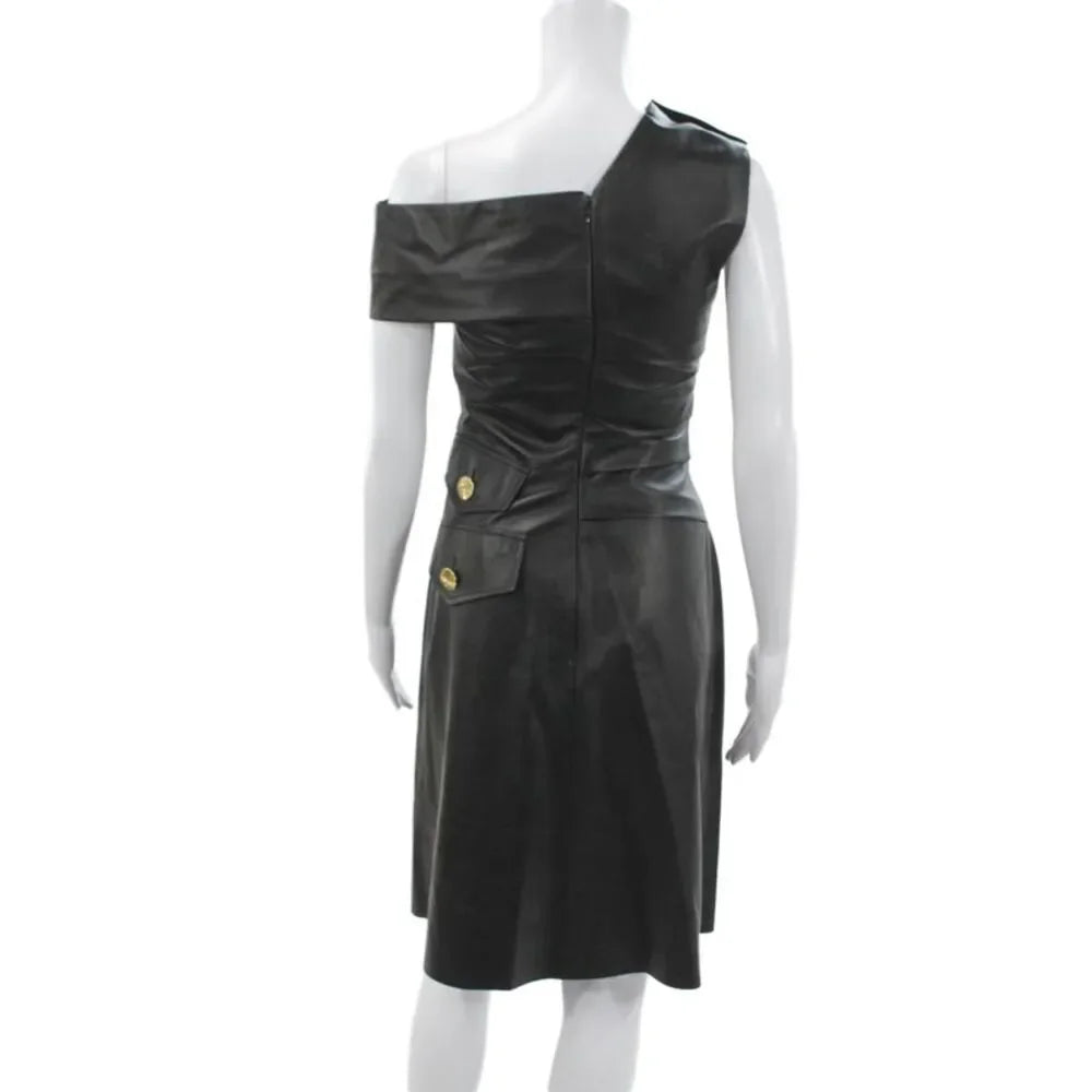 Proenza Schouler NY. Black Lambskin Leather One Shoulder Dress
