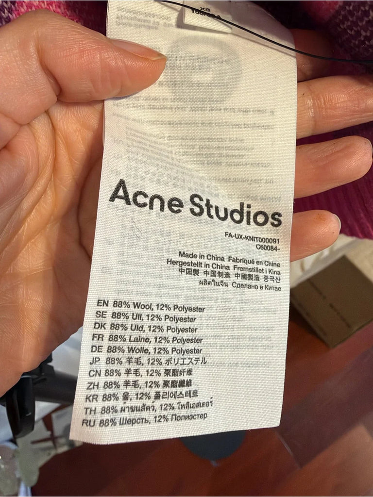 Acne Studios STOCKHOLM. Pink Purple Argyle Face Logo Wool Cardigan
