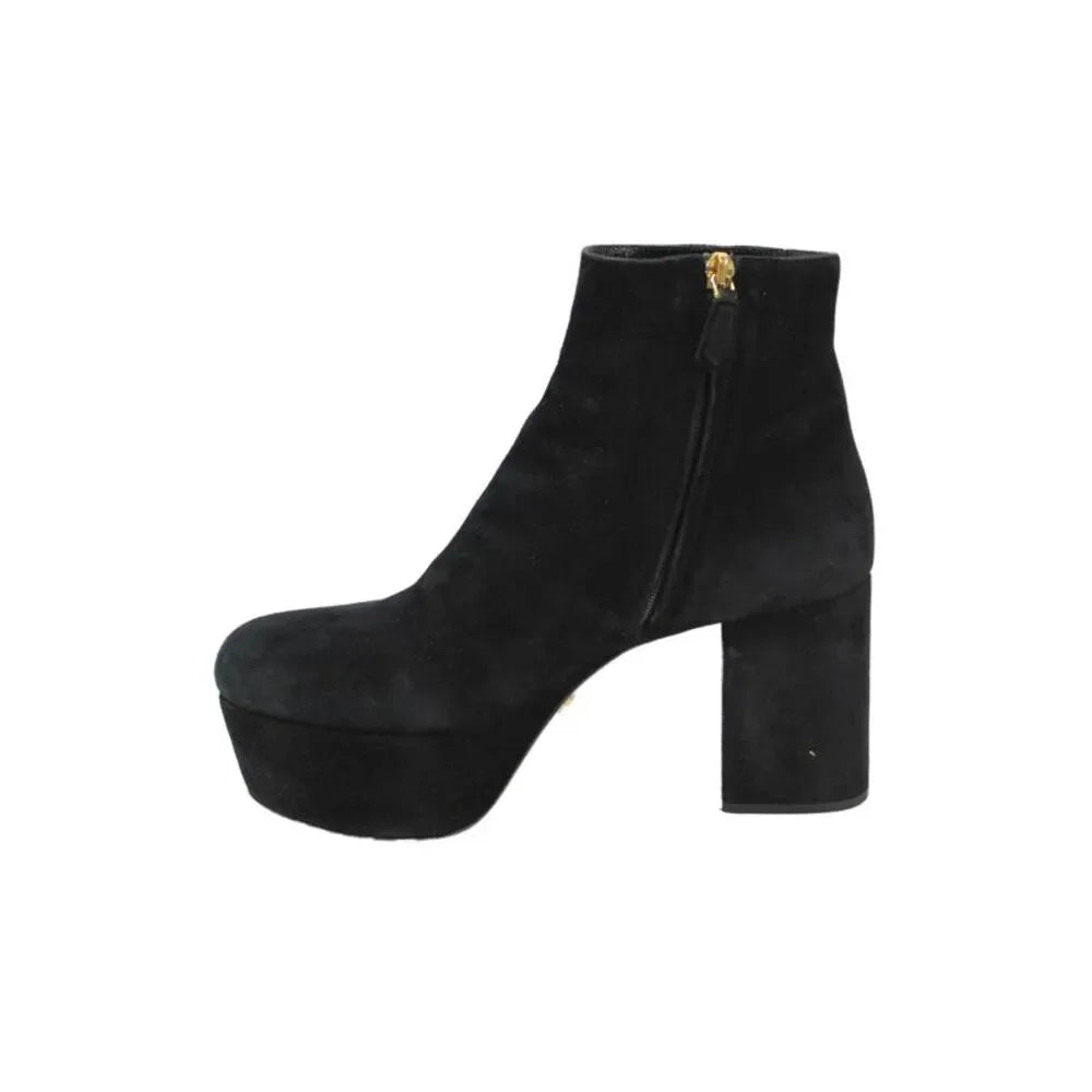 Prada Italy. Black Suede Platform Heeled Ankle Boots SZ38