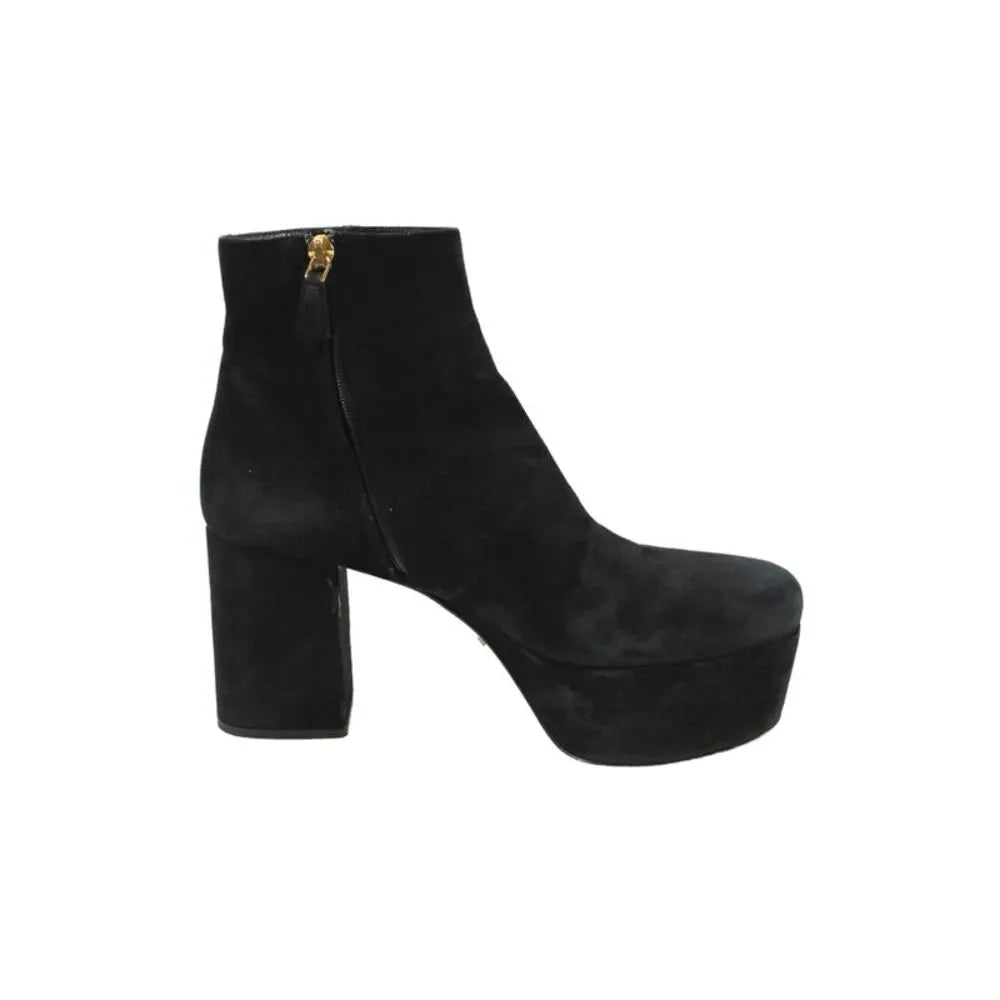Prada Italy. Black Suede Platform Heeled Ankle Boots SZ38