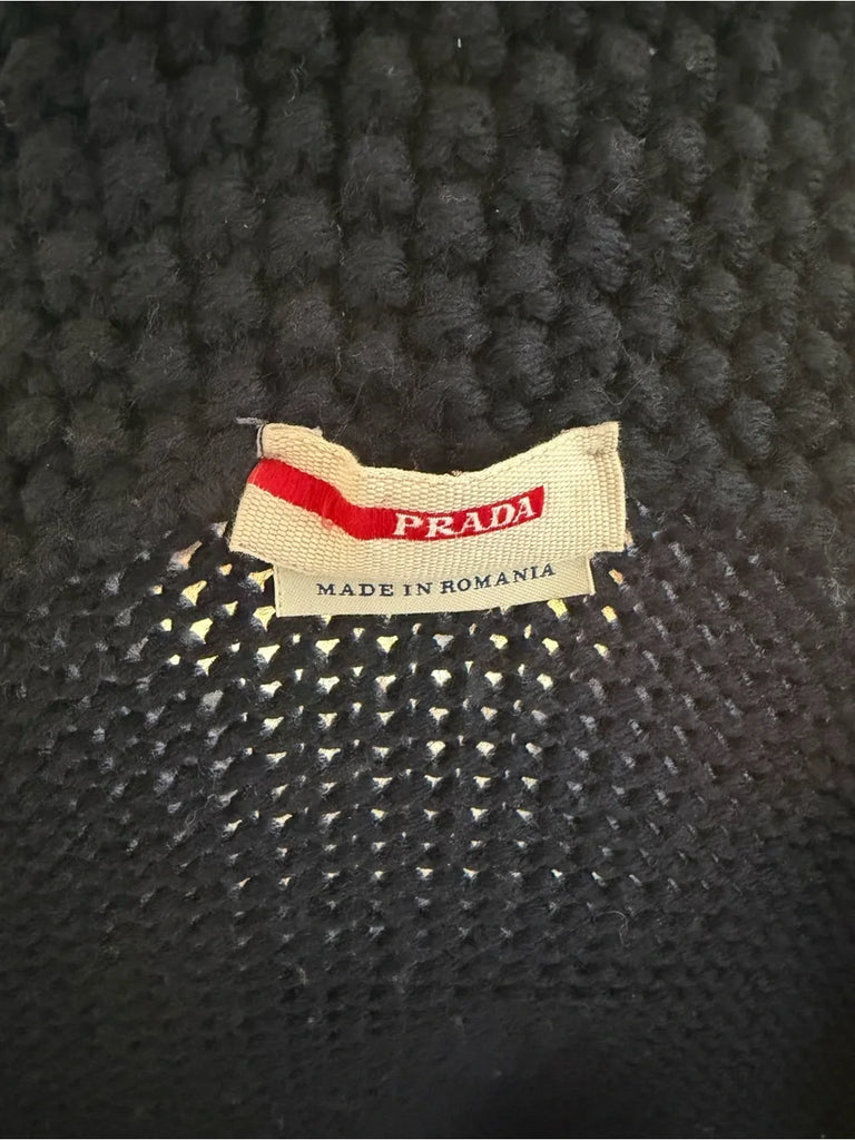 Prada Italy. Pristine Navy Wool Long Double-Breasted Knit Sweater Coat