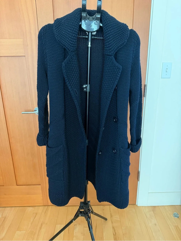 Prada Italy. Pristine Navy Wool Long Double-Breasted Knit Sweater Coat