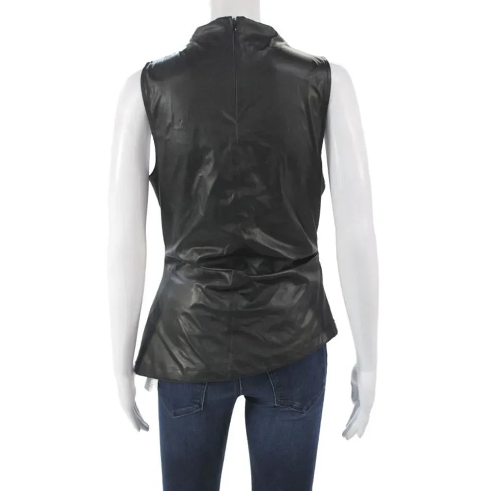 Helmut Lang NY. Black Mock Neck Sleeveless Zipper Polyurethane Top