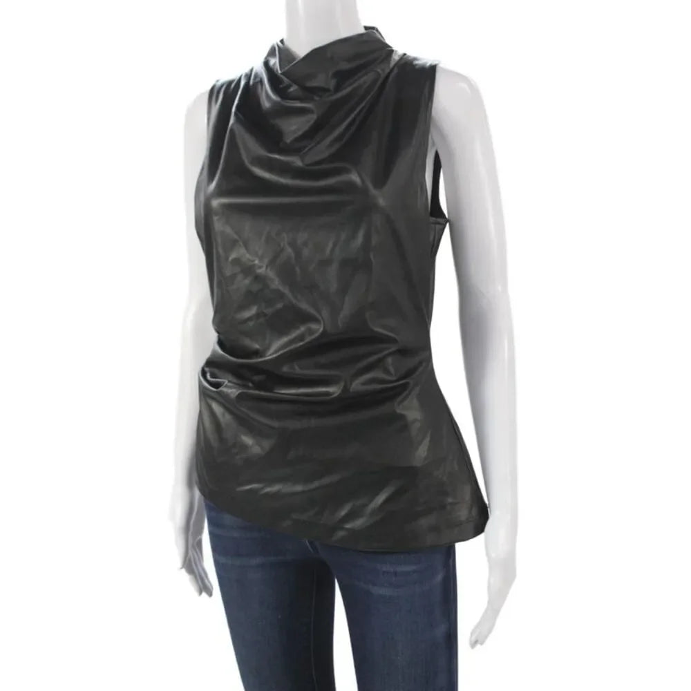 Helmut Lang NY. Black Mock Neck Sleeveless Zipper Polyurethane Top
