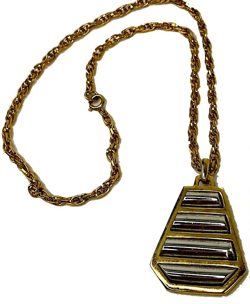 Vintage Crown Trifari 1960s Ribbed Pendant Mixed Metal Goldplated Mod Geometric Necklace