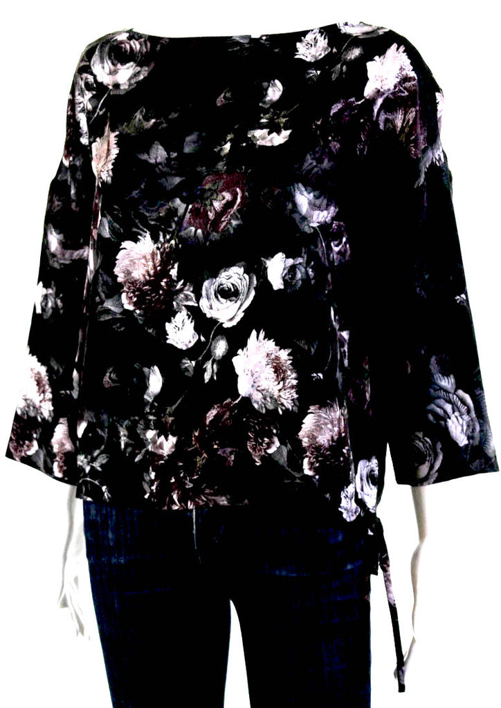 Jean Paul Gaultier Paris. "Fuzzi Line" Fuzzi Gray Silk Floral Tie Hem Top