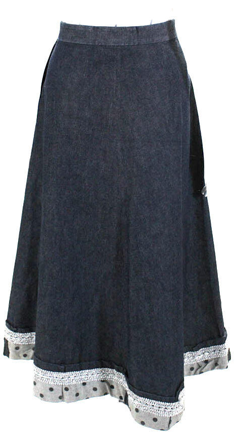 Comme Des Garcons Japan. Blue Cotton Darted Spot Embroidered A-Line Skirt
