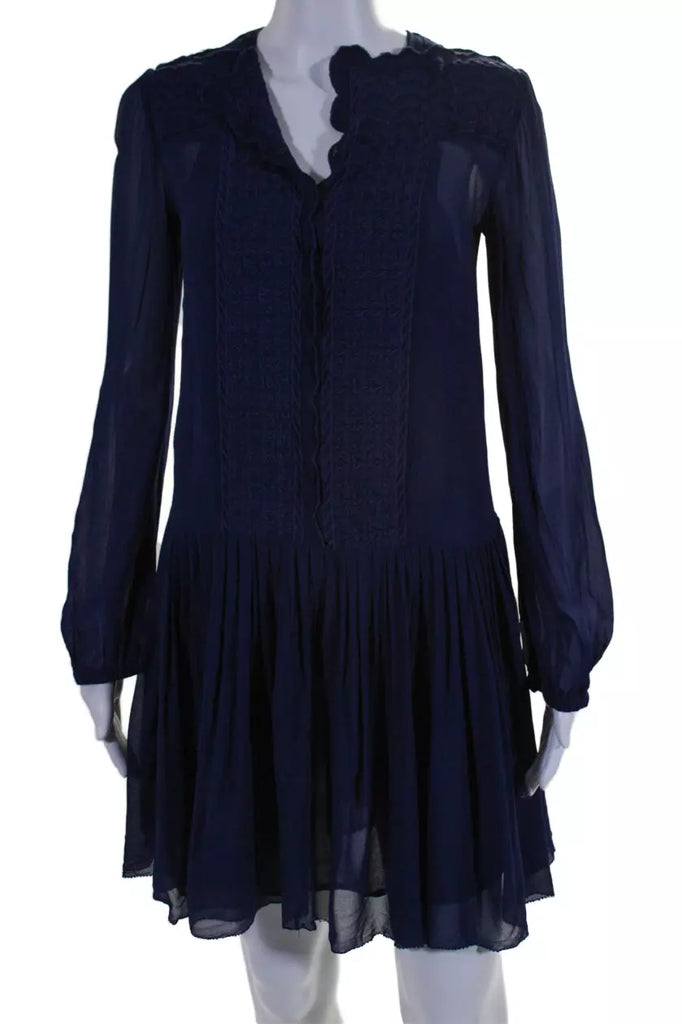 Isabel Marant Paris. Blue Viscose Long Sleeve Pleated Embroidered Shift Dress