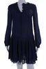 Isabel Marant Paris. Blue Viscose Long Sleeve Pleated Embroidered Shift Dress