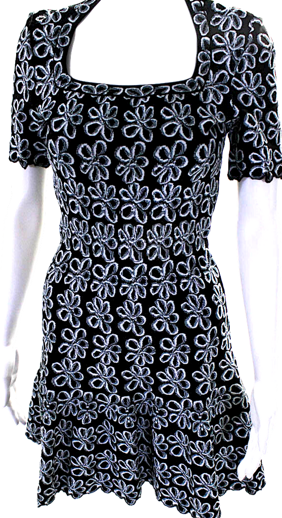 Azzedine Alaia Paris. Vintage Black Polytech Floral A Line Dress