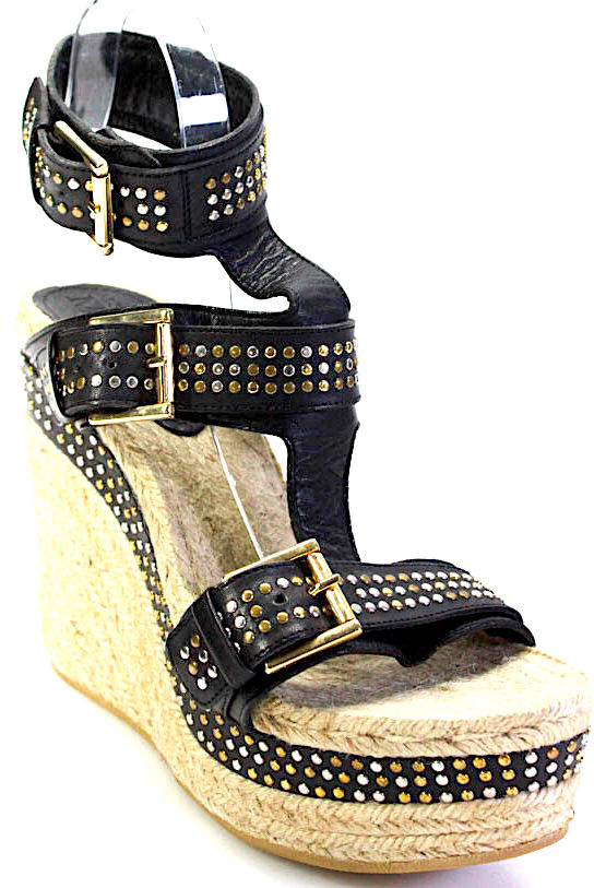 Alexander McQueen UK. Black Espadrille Stud Wedge Heels Sandals Shoes Size 10