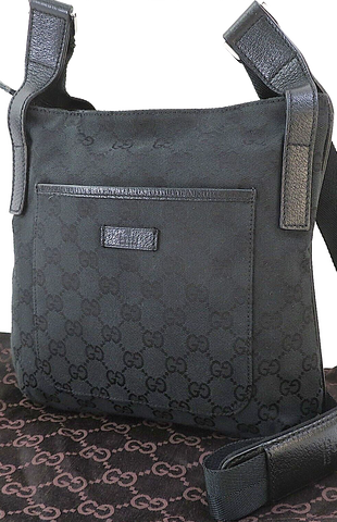 GUCCI Italy.  Horsebit Black Leather/Canvas Logo Boston Bag