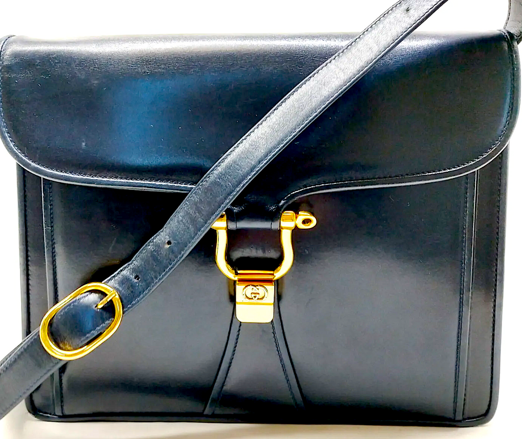 Gucci Italy. Navy Blue Leather Goldplated Hardware 1970s Vintage Shoulderbag