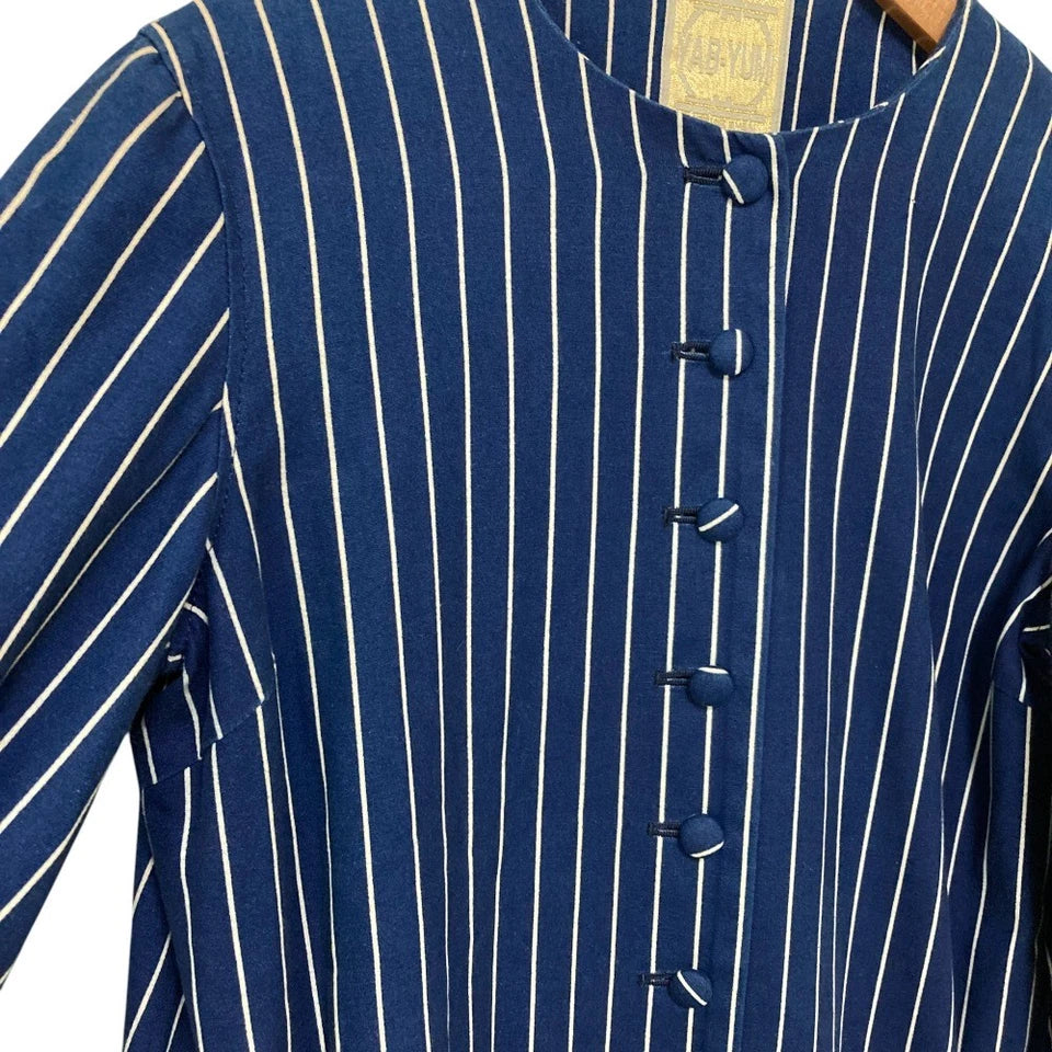YAB-YUM JAPAN. Navy Stripe Pattern Cotton No-collar Long Coat/Dress