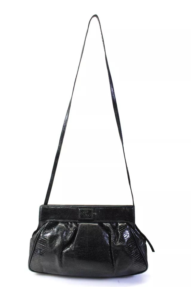 GUCCI ITALY Black Embossed Snakeskin Ruched Logo Snap Closure Shoulder Bag / Evening Bag / Tuck in Strap Clutch