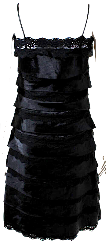 Chloe Paris. Black Spaghetti Strap Lace Trim Silk Midi Dress