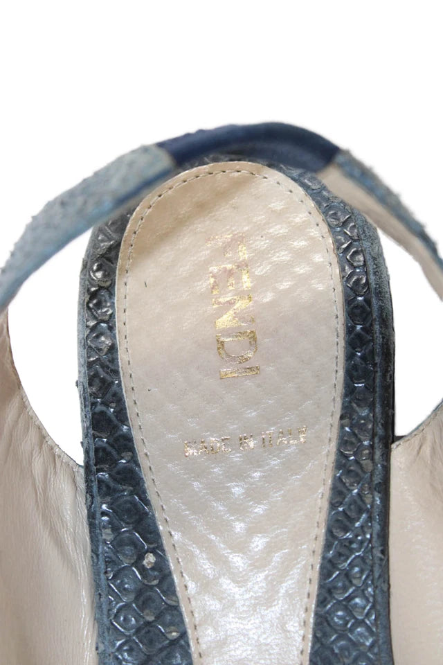 Fendi Italy. Gray Wedge Heel Platform Snake Embossed Slingback Sandals  Size 40