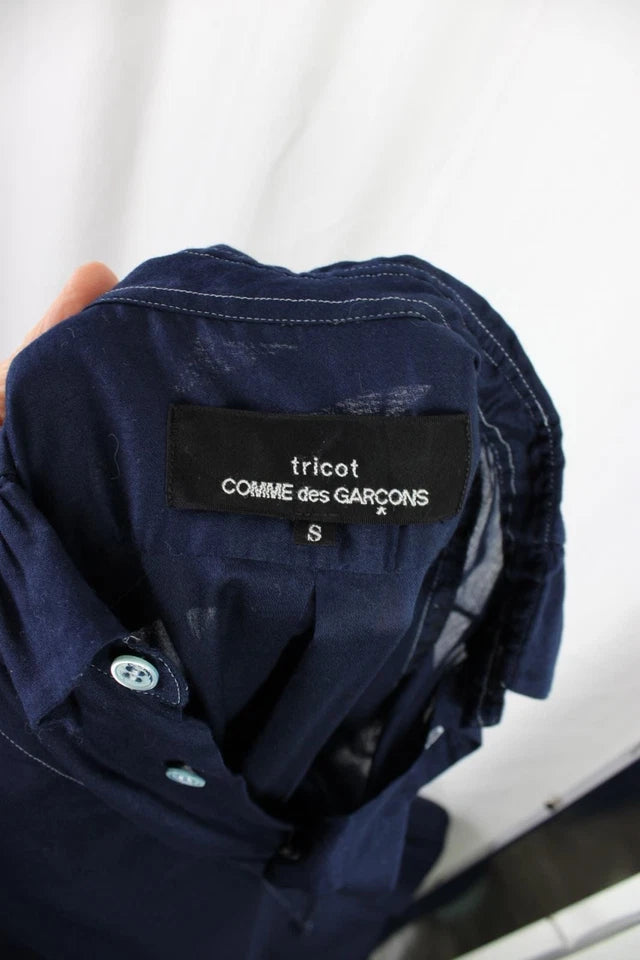 Comme De Garcons Japan. Tricot. Navy Blue Cotton Half Button Long Sleeve Dress