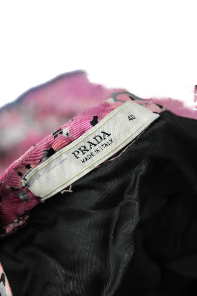 Prada ITALY. Pink Abstract Floral Silk Print Sheath Dress w/ Tie Waist