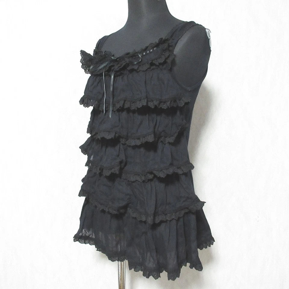 PINK HOUSE JAPAN. Black Frill Tiered Sleeveless Cut and Sew Top