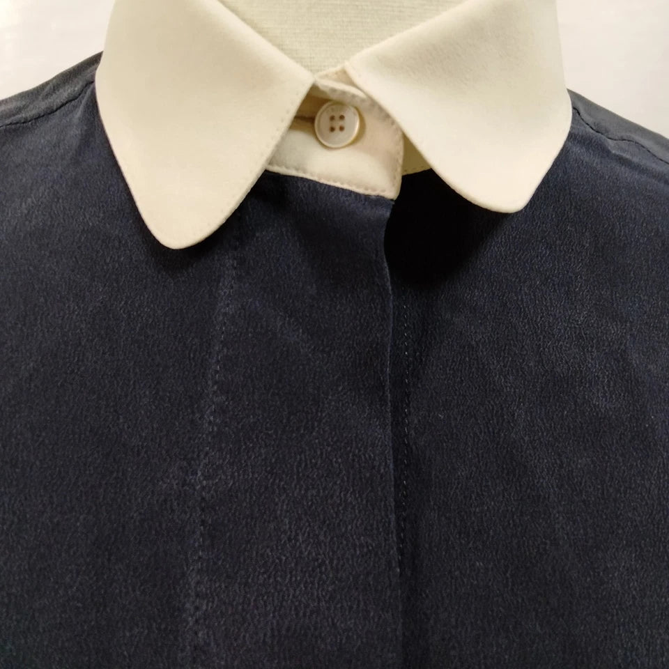 Chloe Paris. Dark Navy Silk Blouse w/White Peter Pan Collar