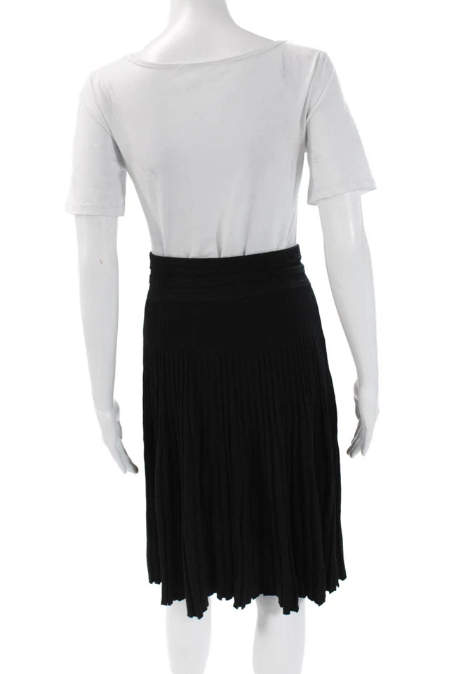 Donna Karan New York. Black Viscose Rayon Polyester Pleated Midi Skirt