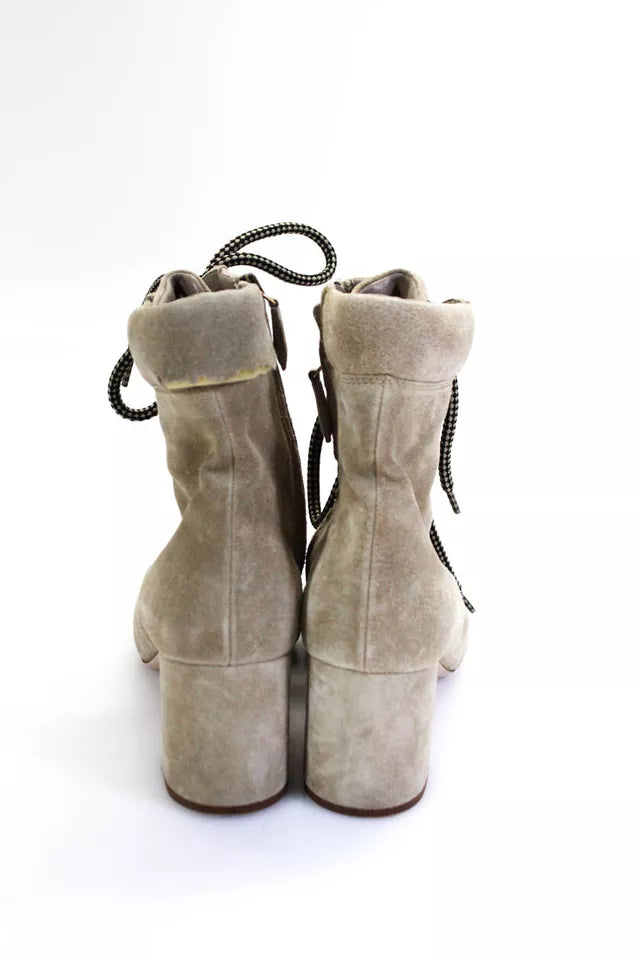 Miu Miu Italy. Beige Suede Round Toe Lace Up Block Heels Boot SZ 38