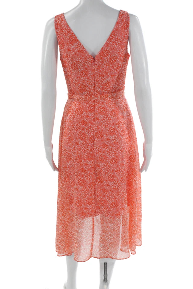 DONNA KARAN NY. DKNY. NEW. Orange Printed Wrap Dress Sleeveless V-Neck Tie Waist Dress