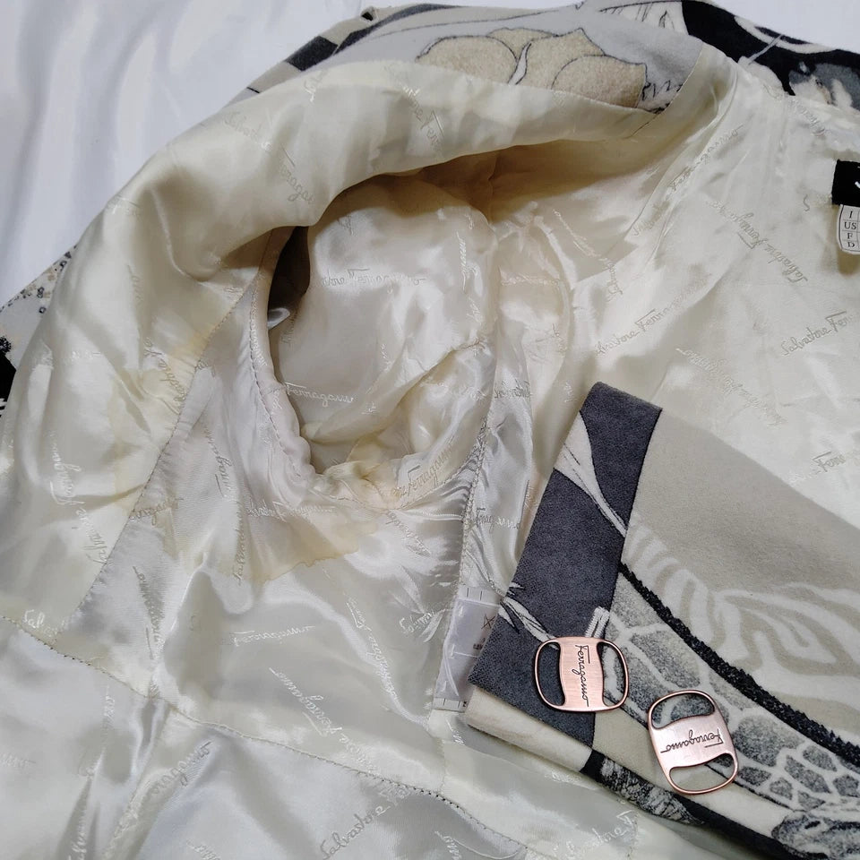 Ferragamo Italy. Multi Color Abstract Wool, Nylon Coat