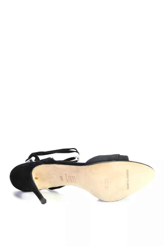 Manolo Blahnik Black Suede Lace Up High Heels Sandals Shoes Size 38.5