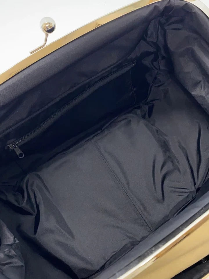 AYANOKOJI JAPAN. Large Kiss Lock Beige Canvas Shoulder Bag