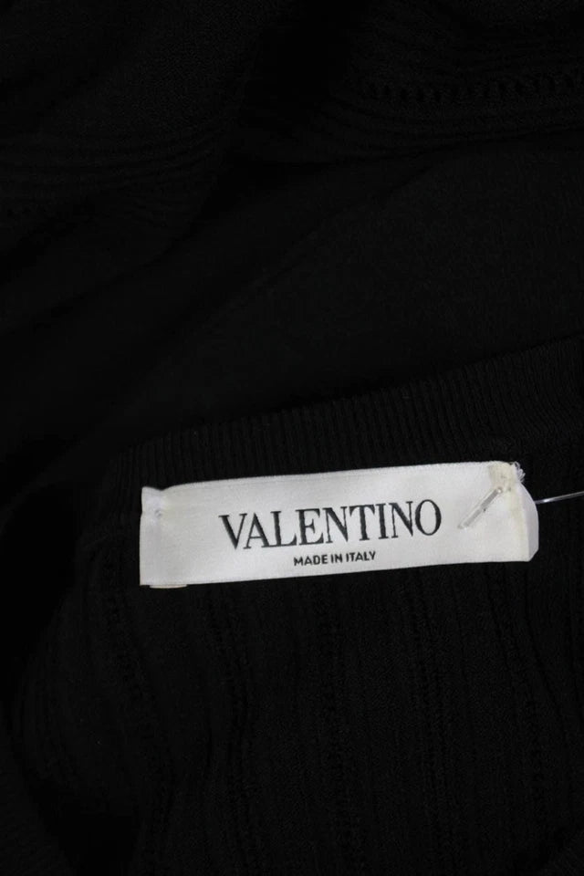Valentino Garavani Italy Black  Floral Lace Ribbed Crew Neck Bell Sleeve Dress