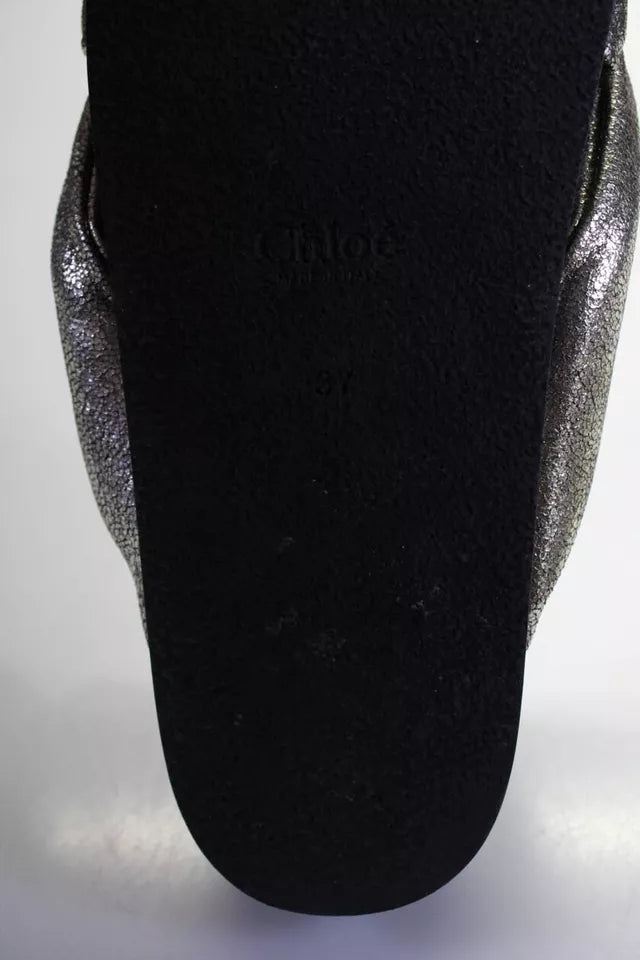 Chloe Paris. Silver/Black Plush Crossed Strap Flat Slides Sandals
